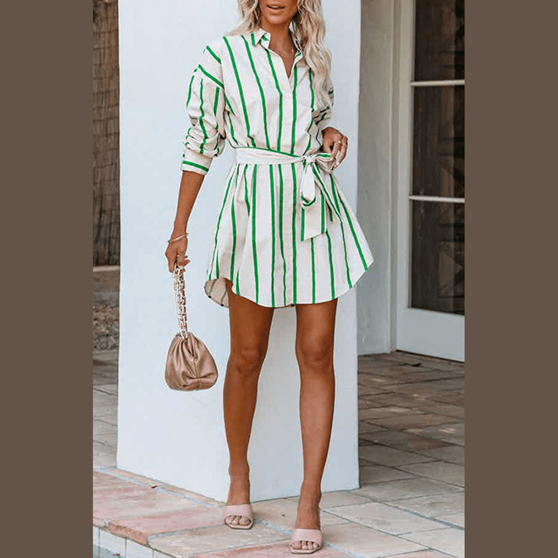 Bonjour MelbourneCasual DressesChic Women's Long-Sleeve Striped Mini Dress in Green