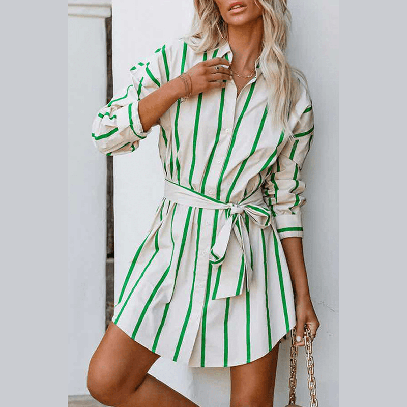 Bonjour MelbourneCasual DressesChic Women's Long-Sleeve Striped Mini Dress in Green