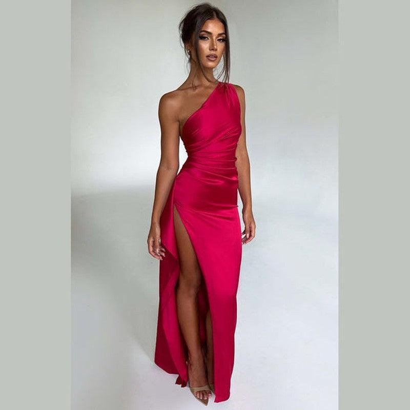 Bonjour MelbourneDressesElegant One-Shoulder Satin Maxi Dress for Women