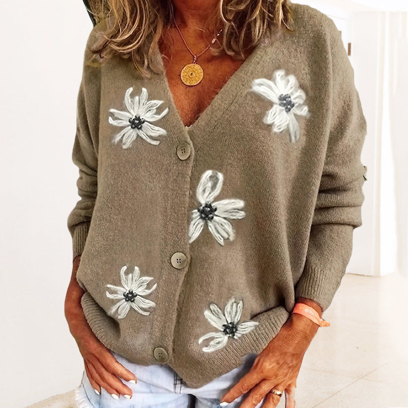 Bonjour MelbournesweatersFlora - Stylish Floral Knit Cardigan with Relaxed Fit and Cozy Vibes