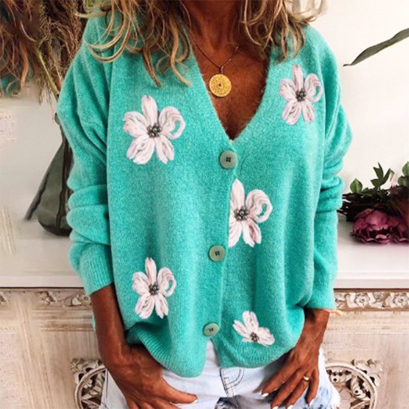 Bonjour MelbournesweatersFlora - Stylish Floral Knit Cardigan with Relaxed Fit and Cozy Vibes