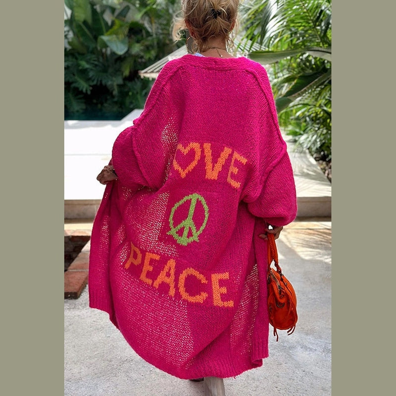 Bonjour MelbourneSweaterCozy Long Knit Cardigan Featuring Love & Peace Design
