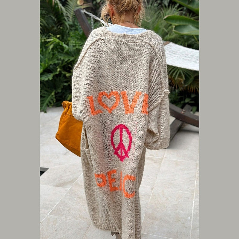 Bonjour MelbourneSweaterCozy Long Knit Cardigan Featuring Love & Peace Design