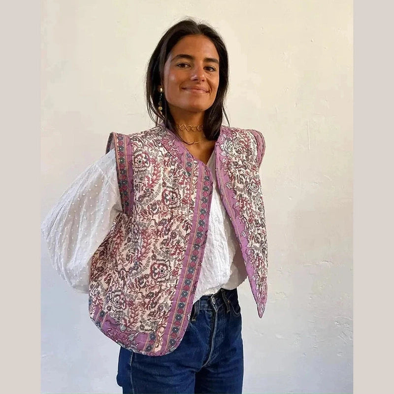 Bonjour MelbournesweatersLila - Boho Chic Lightweight Floral Print Padded Gilet for Ultimate Comfort