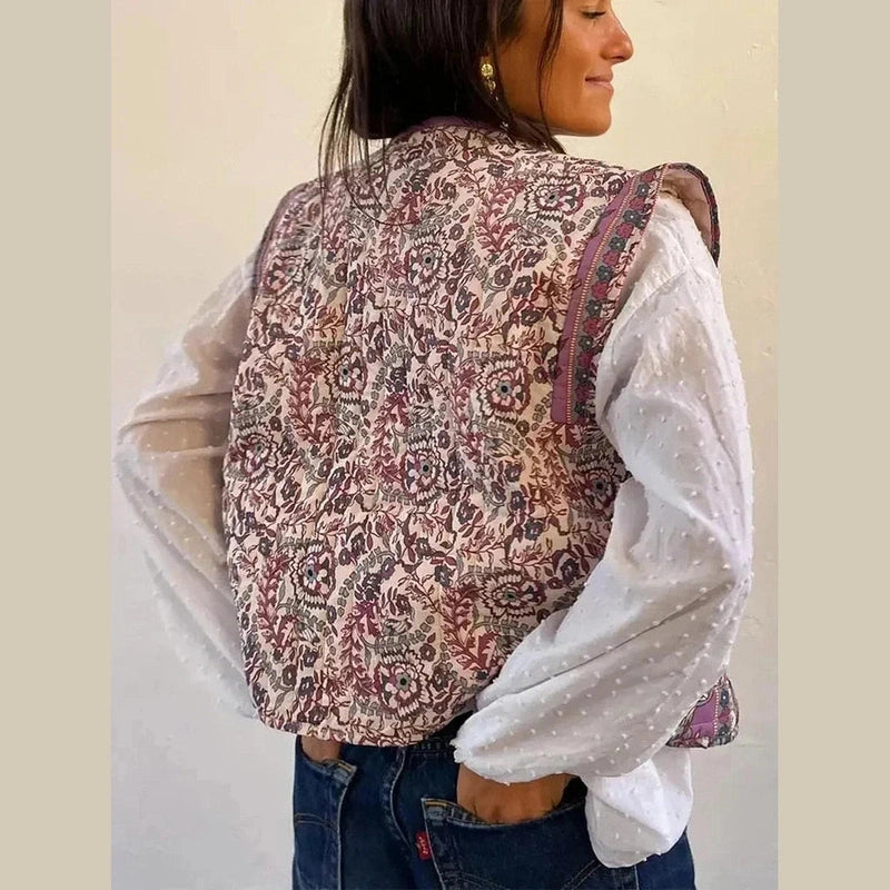 Bonjour MelbournesweatersLila - Boho Chic Lightweight Floral Print Padded Gilet for Ultimate Comfort