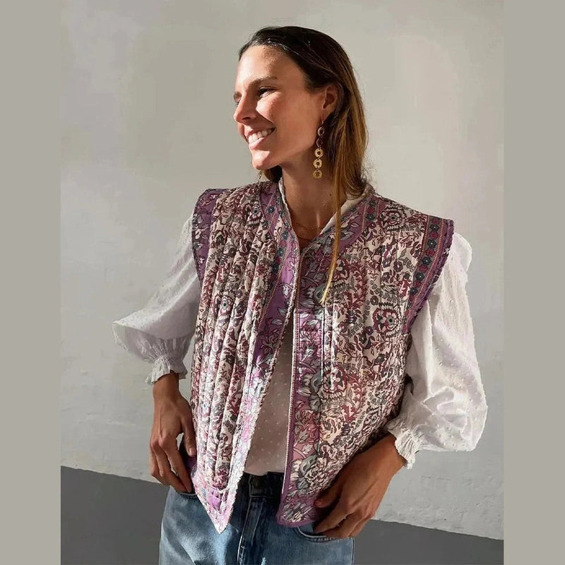 Bonjour MelbournesweatersLila - Boho Chic Lightweight Floral Print Padded Gilet for Ultimate Comfort