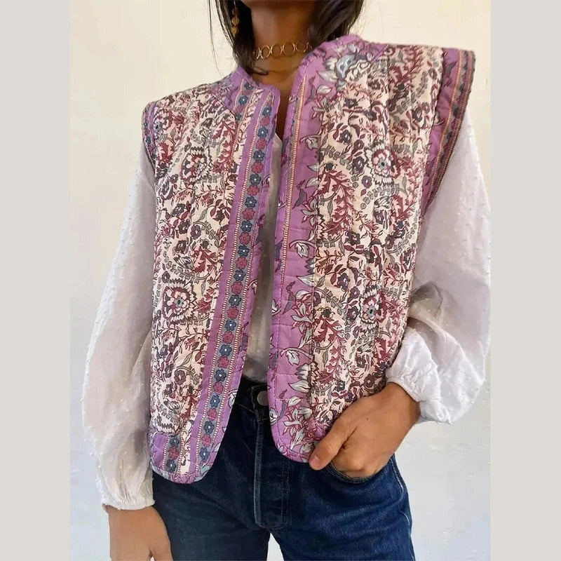 Bonjour MelbournesweatersLila - Boho Chic Lightweight Floral Print Padded Gilet for Ultimate Comfort