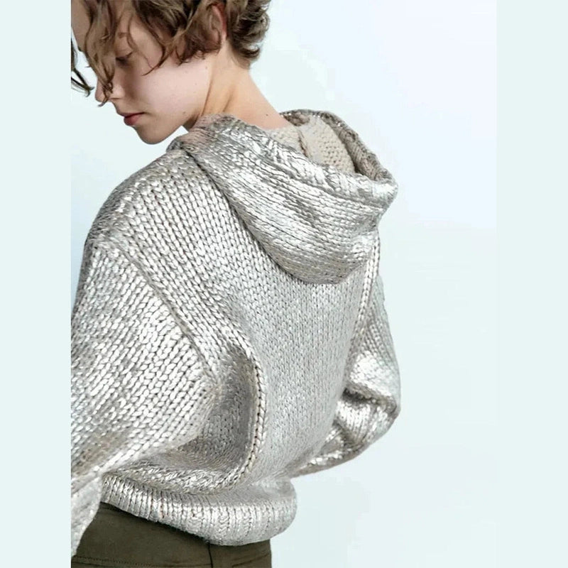 Bonjour Melbournewomen HoodieMia - Shimmering Metallic Knit Hoodie for Ultimate Style and Comfort