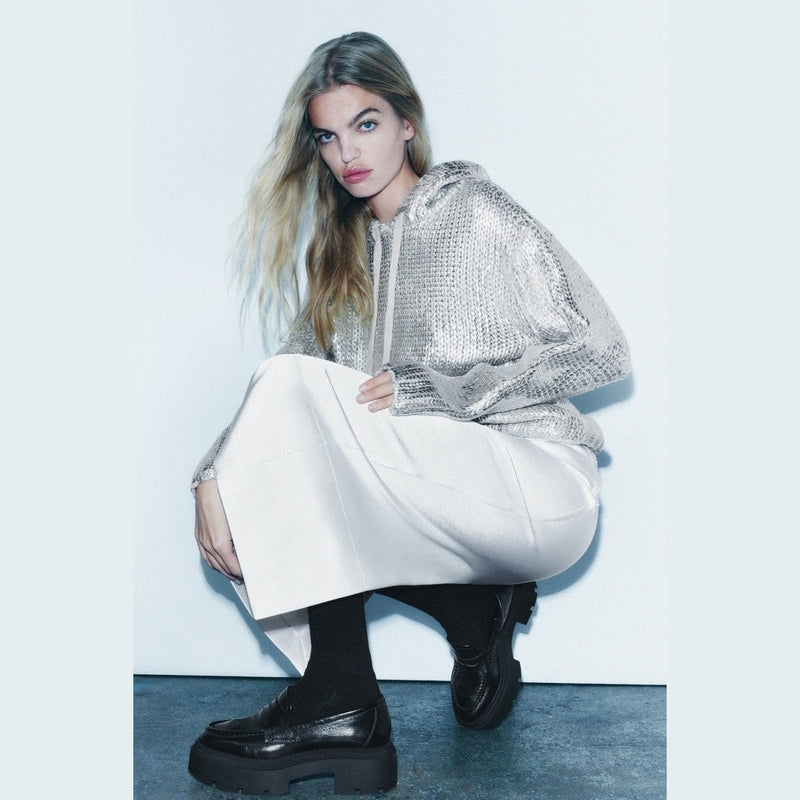 Bonjour Melbournewomen HoodieMia - Shimmering Metallic Knit Hoodie for Ultimate Style and Comfort
