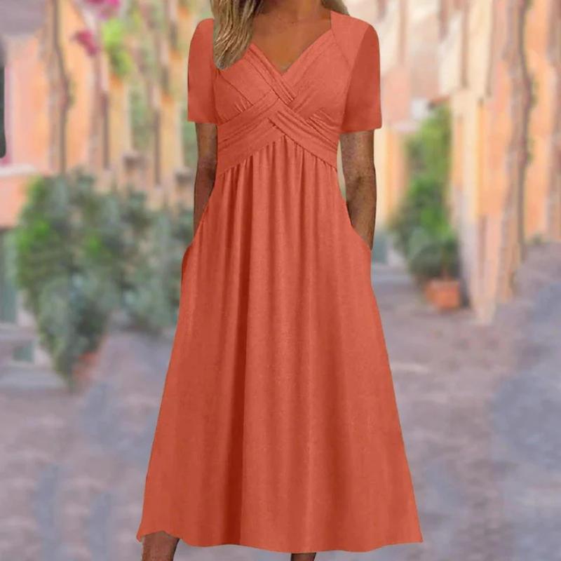 Elegant A-Line Midi Dress for Women - V-Neck Summer Style 2
