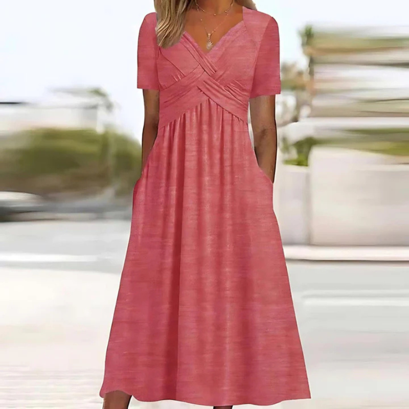 Elegant A-Line Midi Dress for Women - V-Neck Summer Style 4