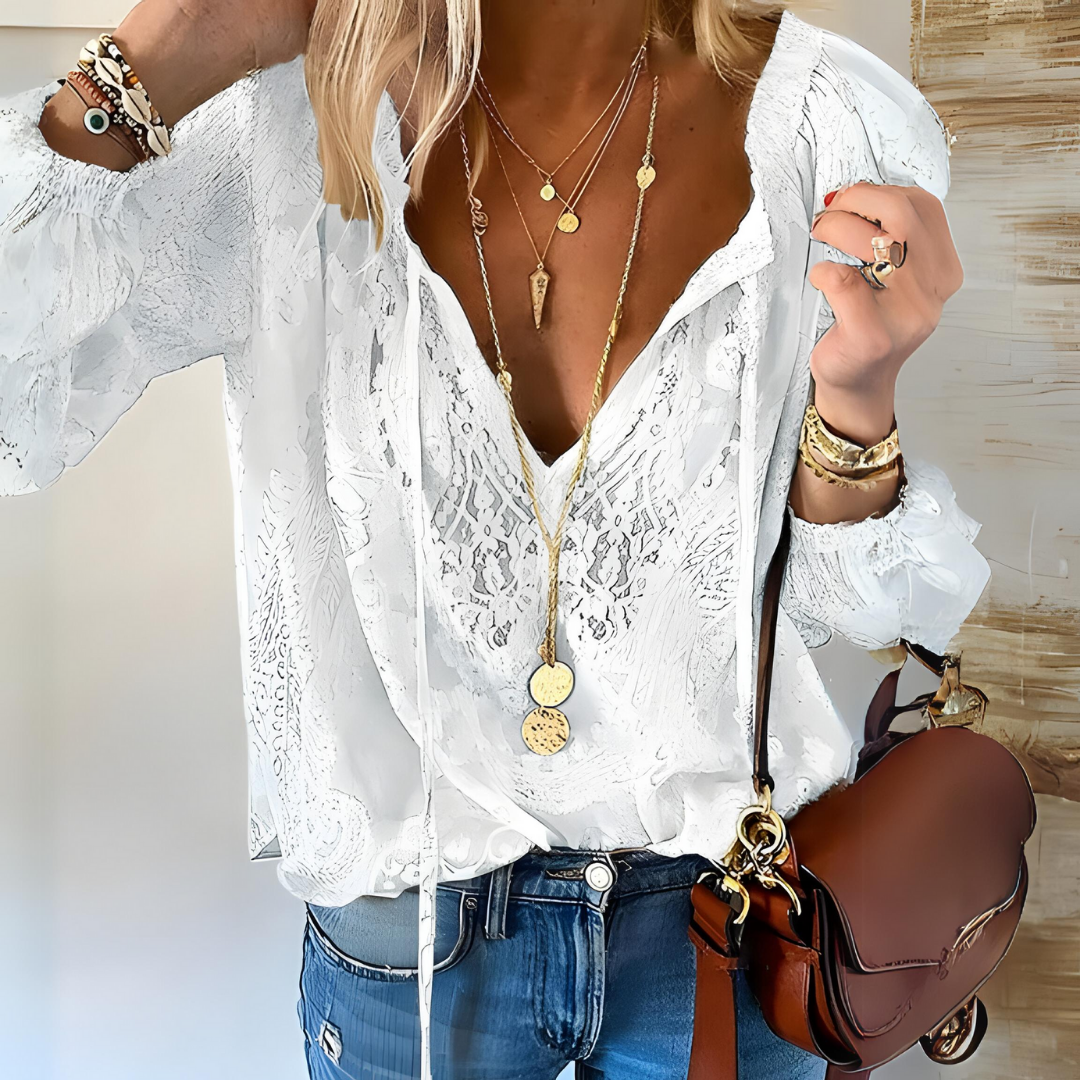 Elegant Boho Women's Blouse with Slit Neckline - Summer Top 1