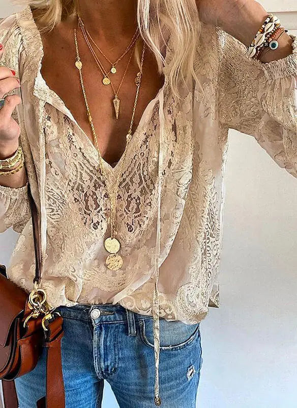 Elegant Boho Women's Blouse with Slit Neckline - Summer Top 4