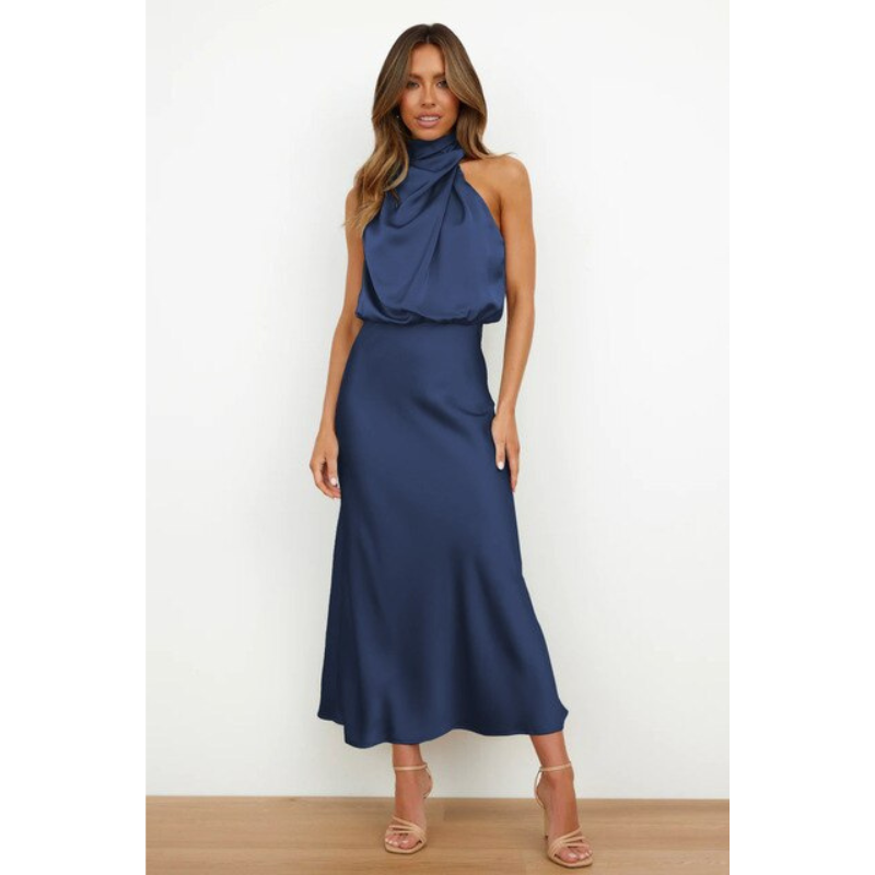 Elegant Halter Midi Evening Dress - Black Formal Gown for Women 2