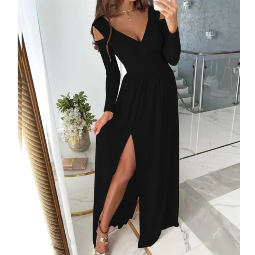 Elegant Long Sleeve Black Evening Dress with Slit for Women 2