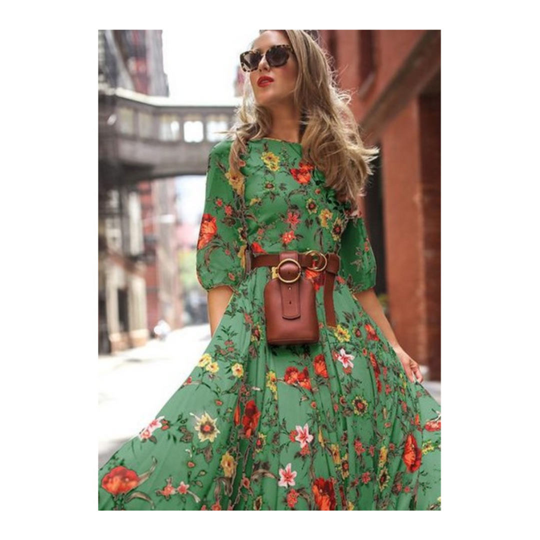 Elegant Women's Maxi Dress with 3/4 Sleeves and Belt 8