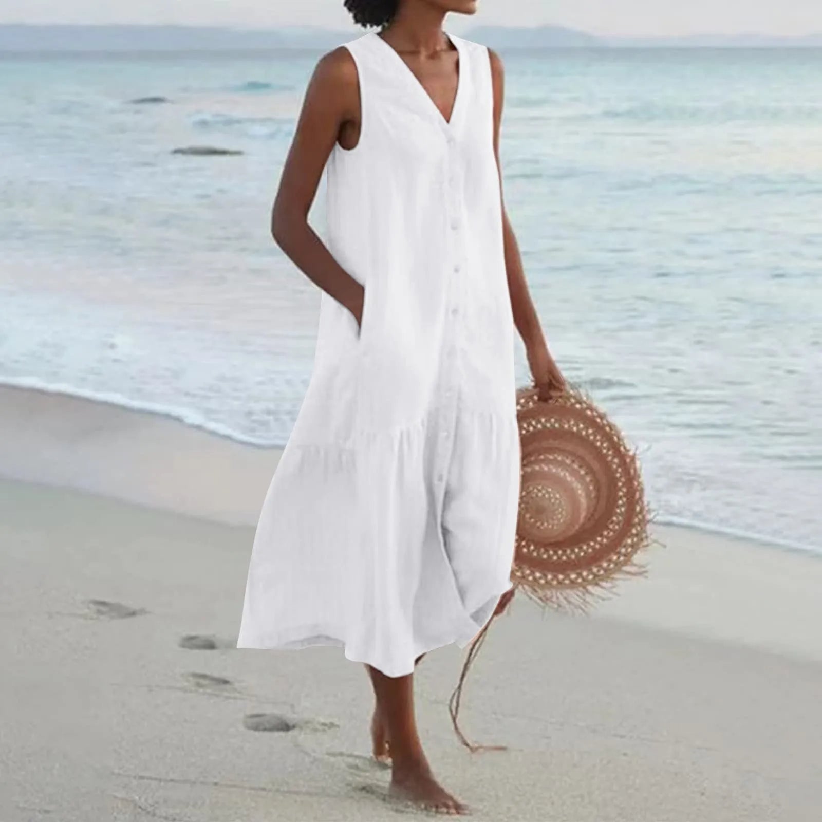 Elegant Women's Midi Summer Dress with Button Detail 0
