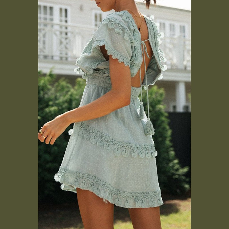 Bonjour MelbourneWomen's DressesBaby Blue Backless Lace-Up Summer Dress for Women 