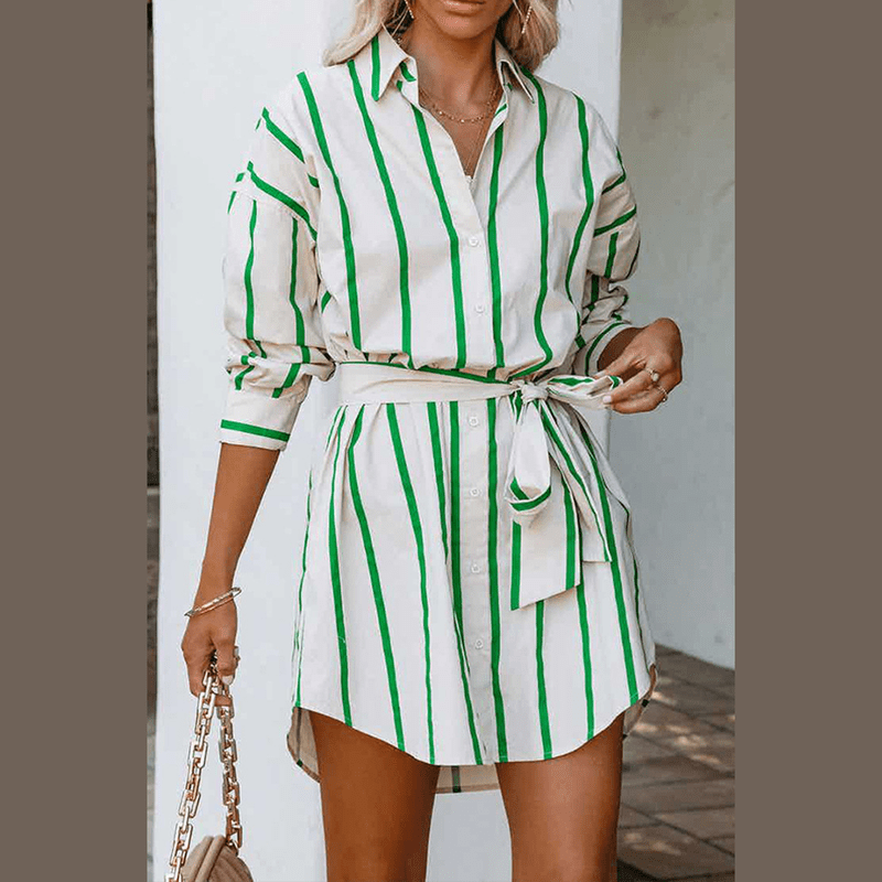 Bonjour MelbourneCasual DressesChic Women's Long-Sleeve Striped Mini Dress in Green 