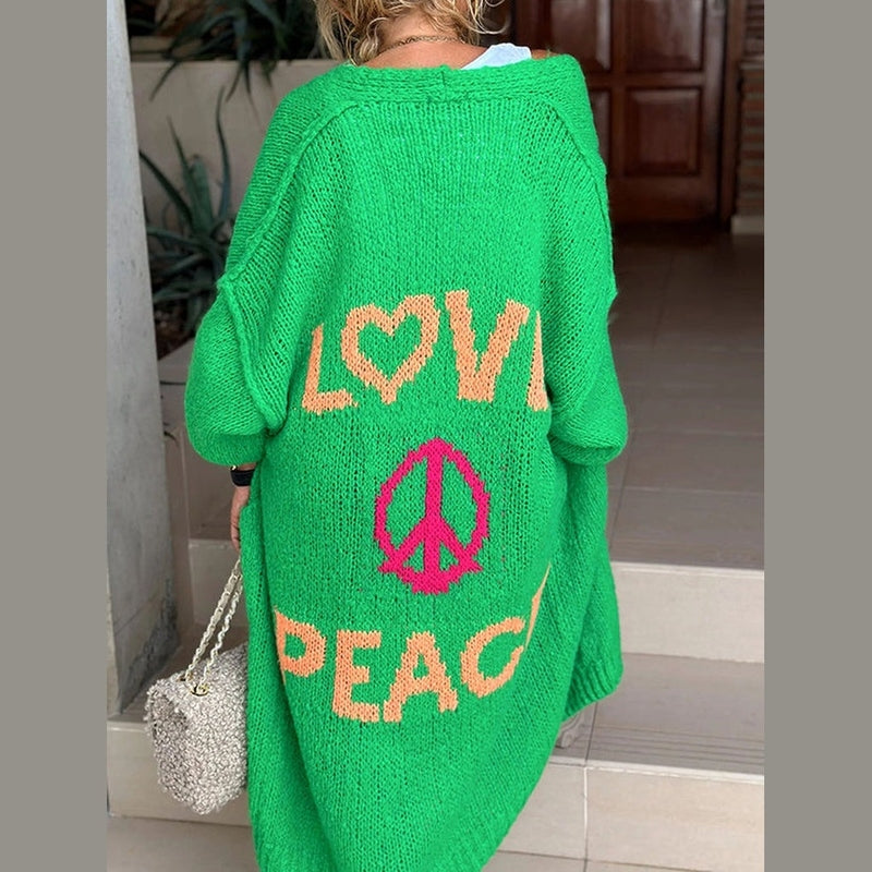 Bonjour MelbourneSweaterCozy Long Knit Cardigan Featuring Love & Peace Design 