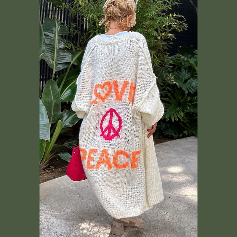 Bonjour MelbourneSweaterCozy Long Knit Cardigan Featuring Love & Peace Design 