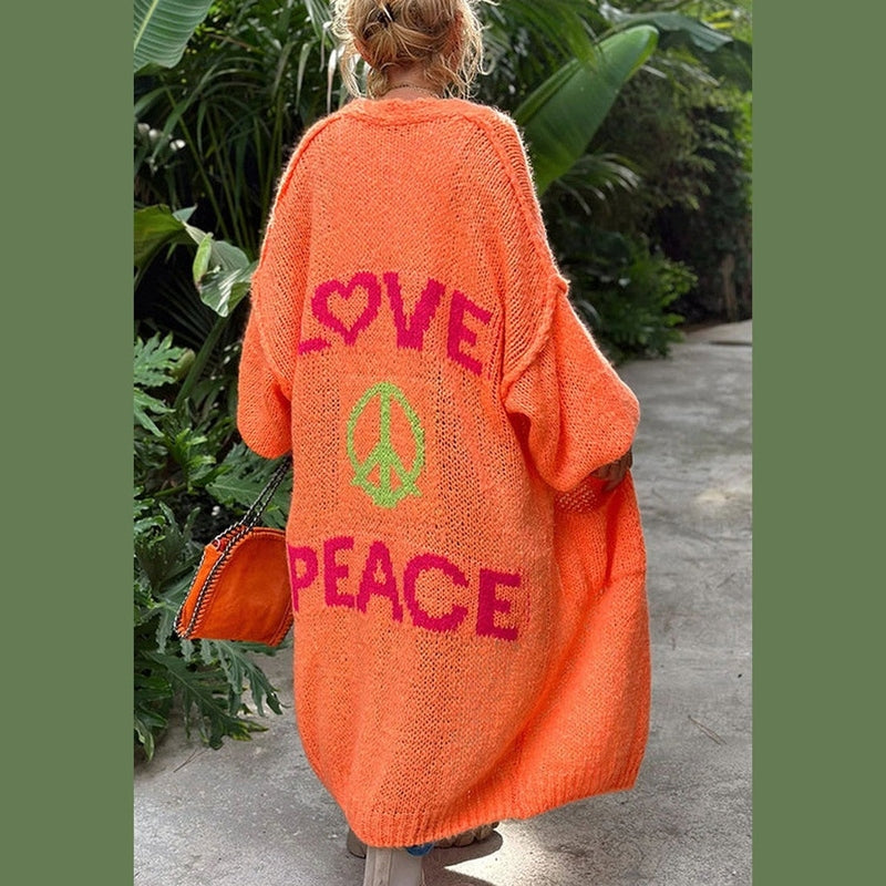 Bonjour MelbourneSweaterCozy Long Knit Cardigan Featuring Love & Peace Design 