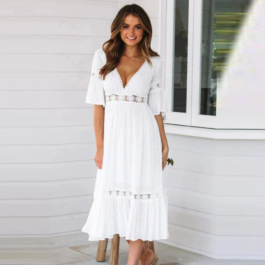 Chic Bohemian Midi Dress with Deep V-Neck for Women 0