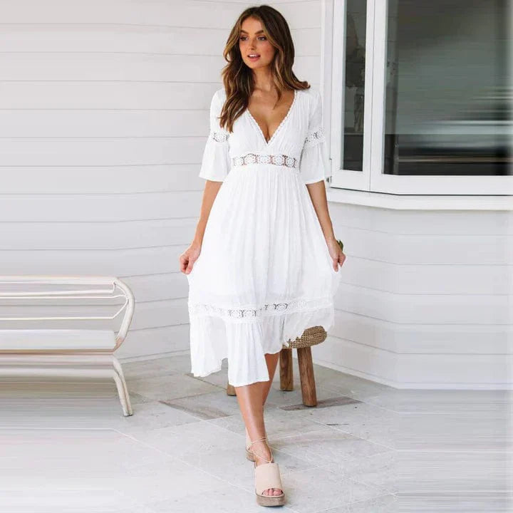 Chic Bohemian Midi Dress with Deep V-Neck for Women 1