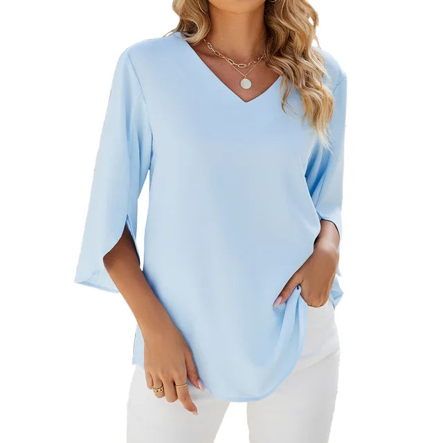 Elegant 3/4 Sleeve V-Neck Women's Blouse - Summer Tops 0
