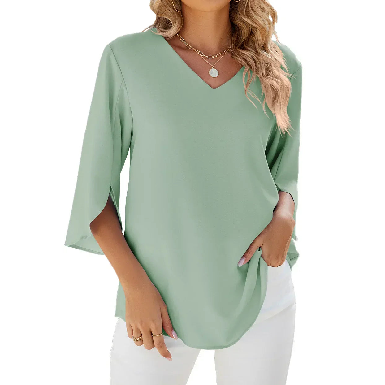 Elegant 3/4 Sleeve V-Neck Women's Blouse - Summer Tops 2