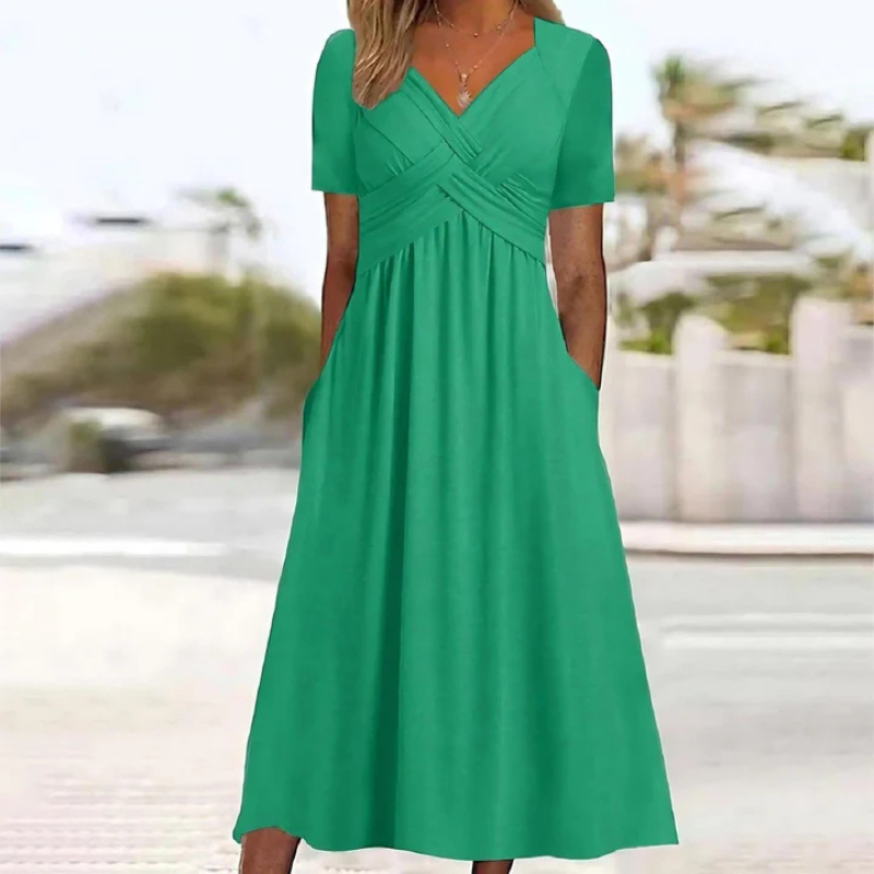 Elegant A-Line Midi Dress for Women - V-Neck Summer Style 0