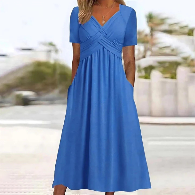 Elegant A-Line Midi Dress for Women - V-Neck Summer Style 1