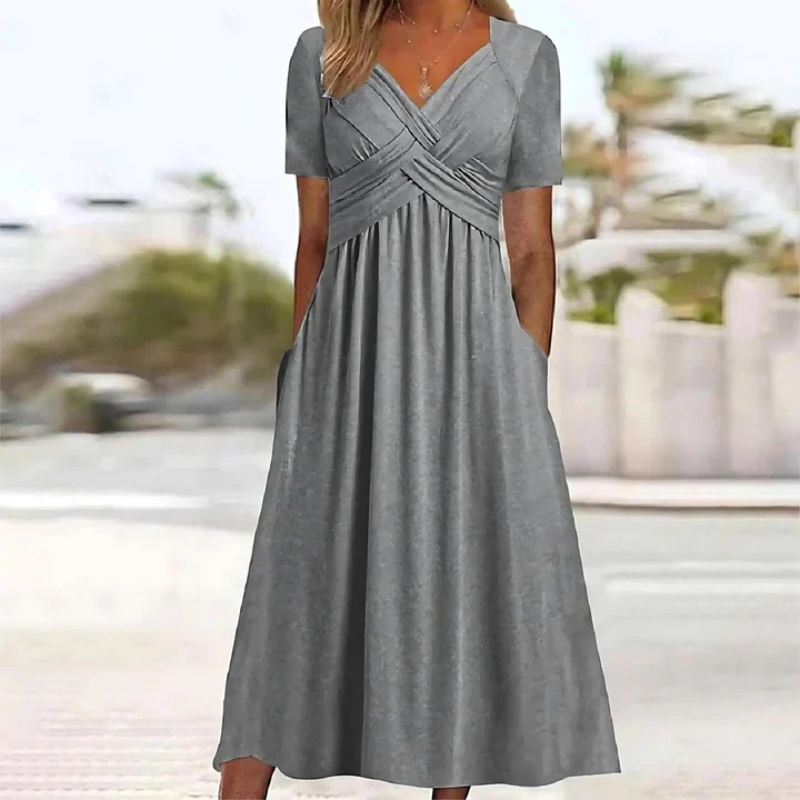 Elegant A-Line Midi Dress for Women - V-Neck Summer Style 3