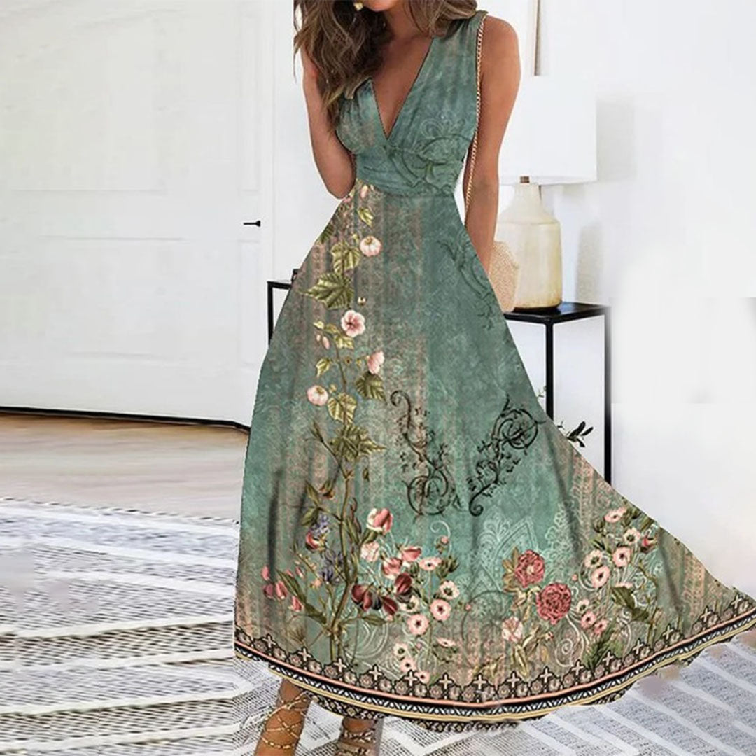 Elegant Floral Summer Maxi Dress with Deep V-Neck 1