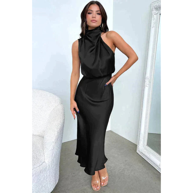 Elegant Halter Midi Evening Dress - Black Formal Gown for Women 0
