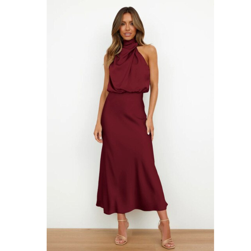 Elegant Halter Midi Evening Dress - Black Formal Gown for Women 3