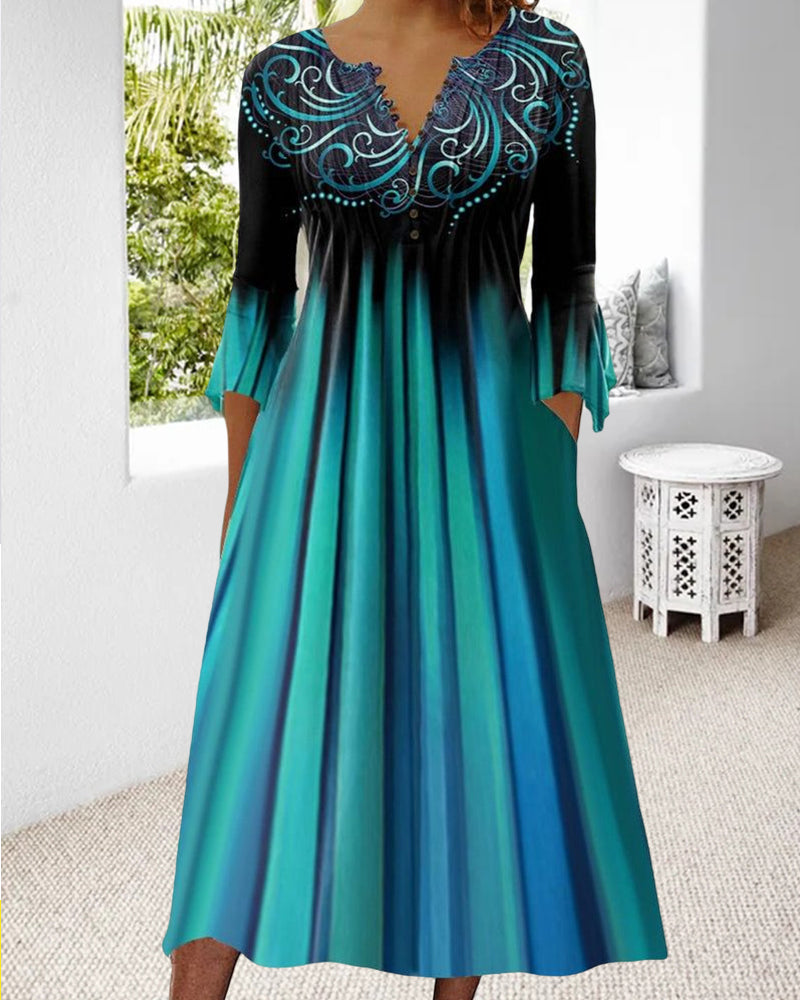 Elegant Midi Dress with 3/4 Sleeves and Color Gradient 0
