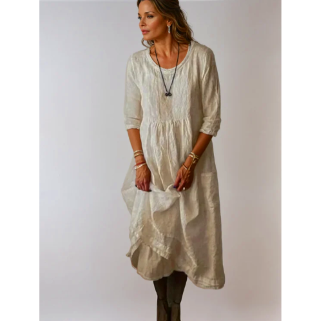 Elegant White Midi Dress with 3/4 Sleeves for Women 0