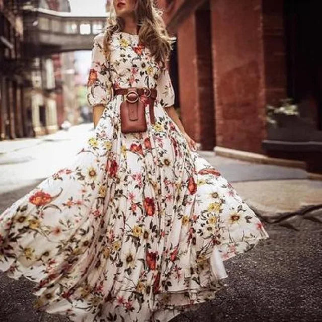Elegant Women's Maxi Dress with 3/4 Sleeves and Belt 0