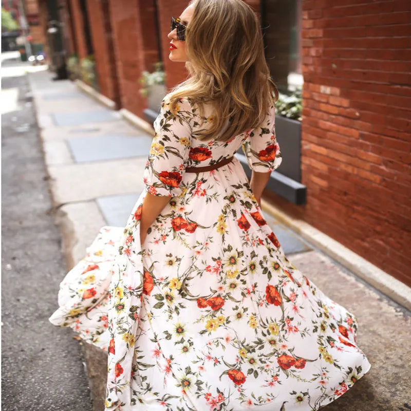 Elegant Women's Maxi Dress with 3/4 Sleeves and Belt 5