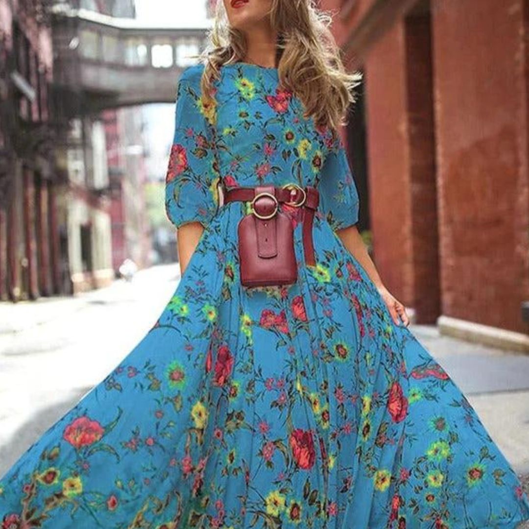 Elegant Women's Maxi Dress with 3/4 Sleeves and Belt 7