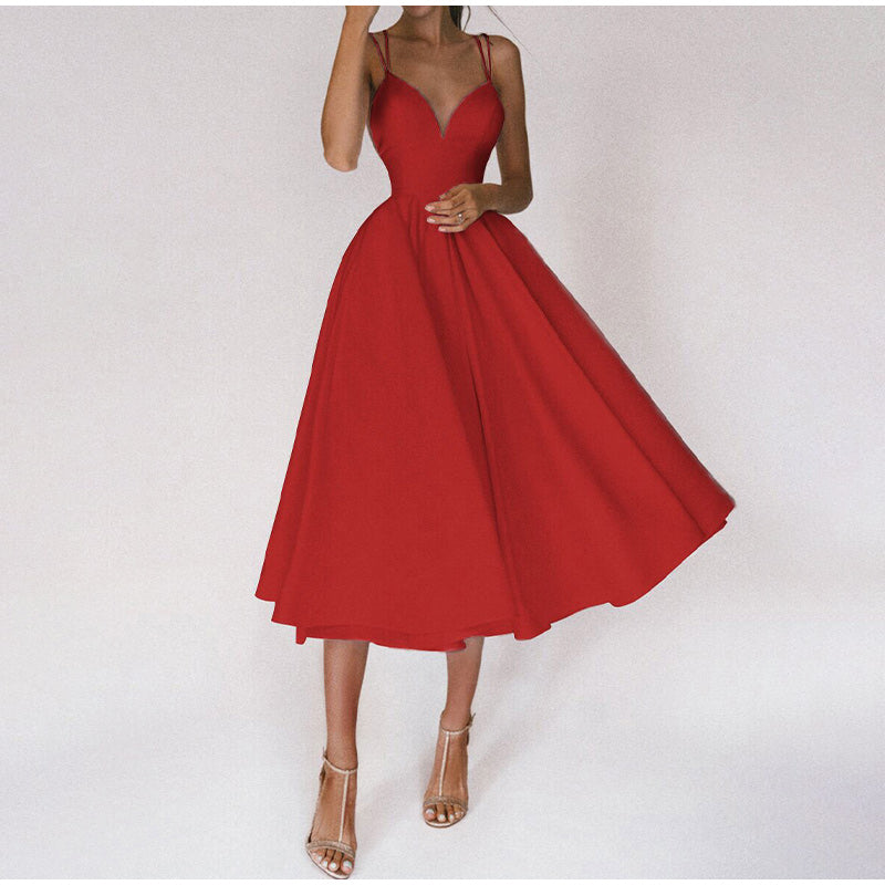 Elegant Women's V-Neck Midi Cocktail Dress - Formal Style 0