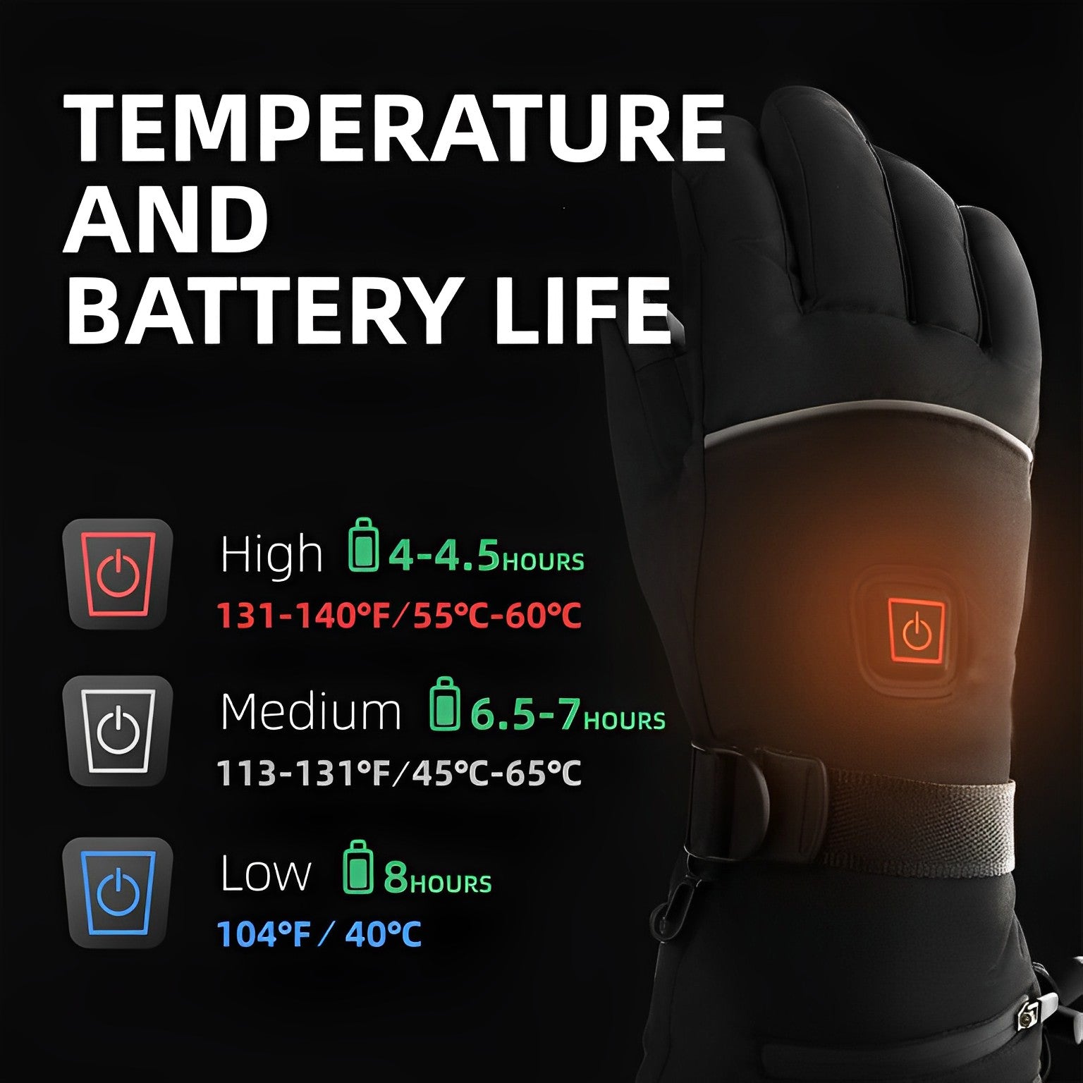 Heated Gloves with Adjustable Temperature Settings – Water-Resistant, One Size Fits All 3