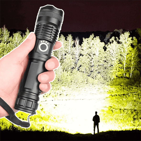 High Lumens Rechargeable Flashlight with XHP 50 LED – 90,000 Lumens, Waterproof, and Zoom Function 1