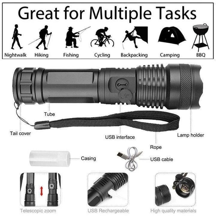 High Lumens Rechargeable Flashlight with XHP 50 LED – 90,000 Lumens, Waterproof, and Zoom Function 6