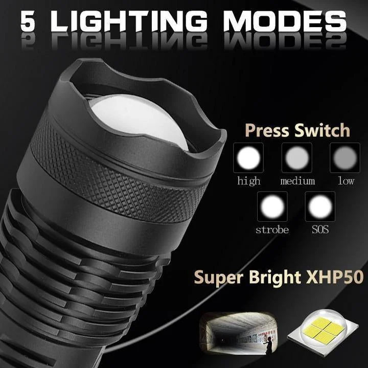High Lumens Rechargeable Flashlight with XHP 50 LED – 90,000 Lumens, Waterproof, and Zoom Function 7