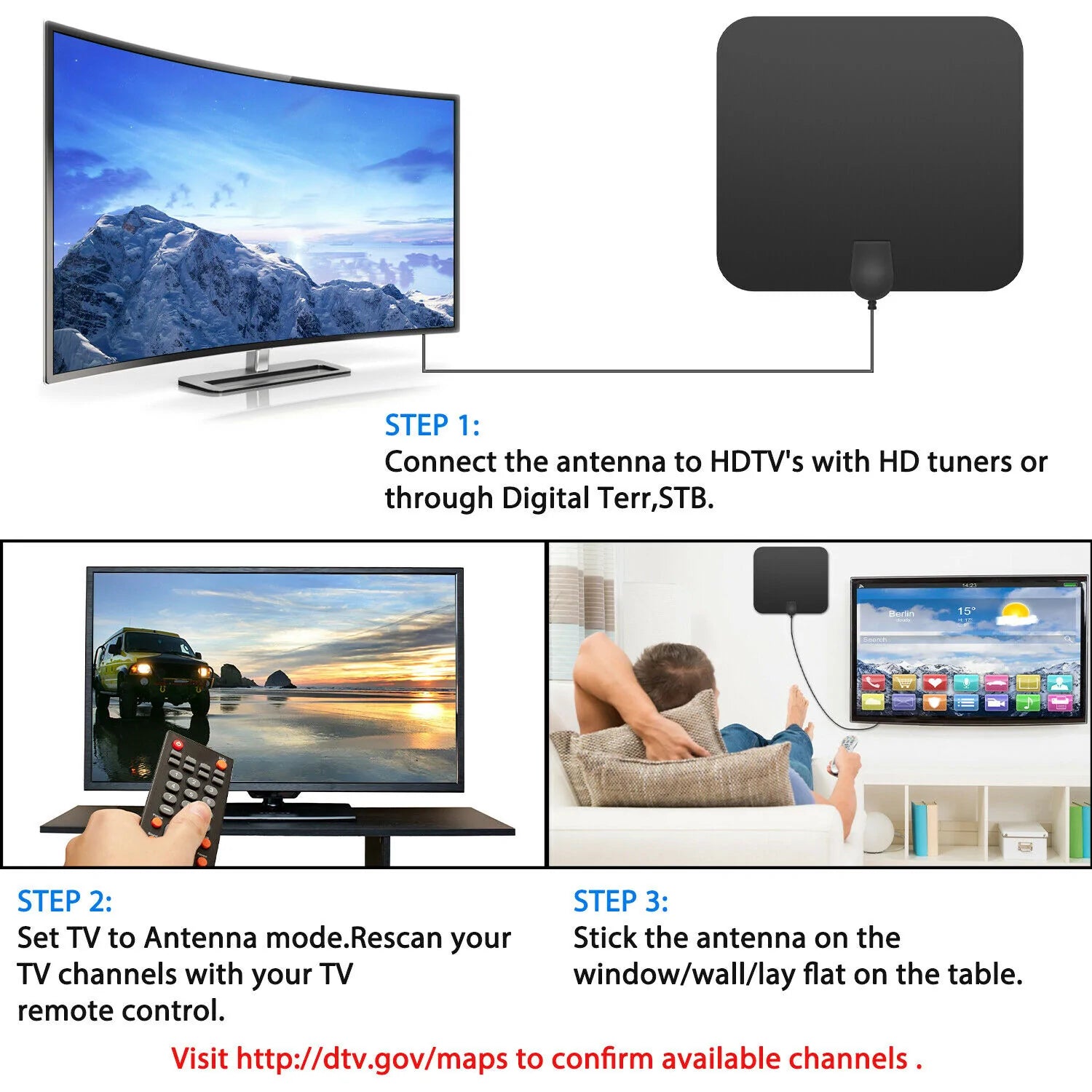 Indoor HDTV Antenna with 300-Mile Range and Signal Booster – 4K HD Channels 5