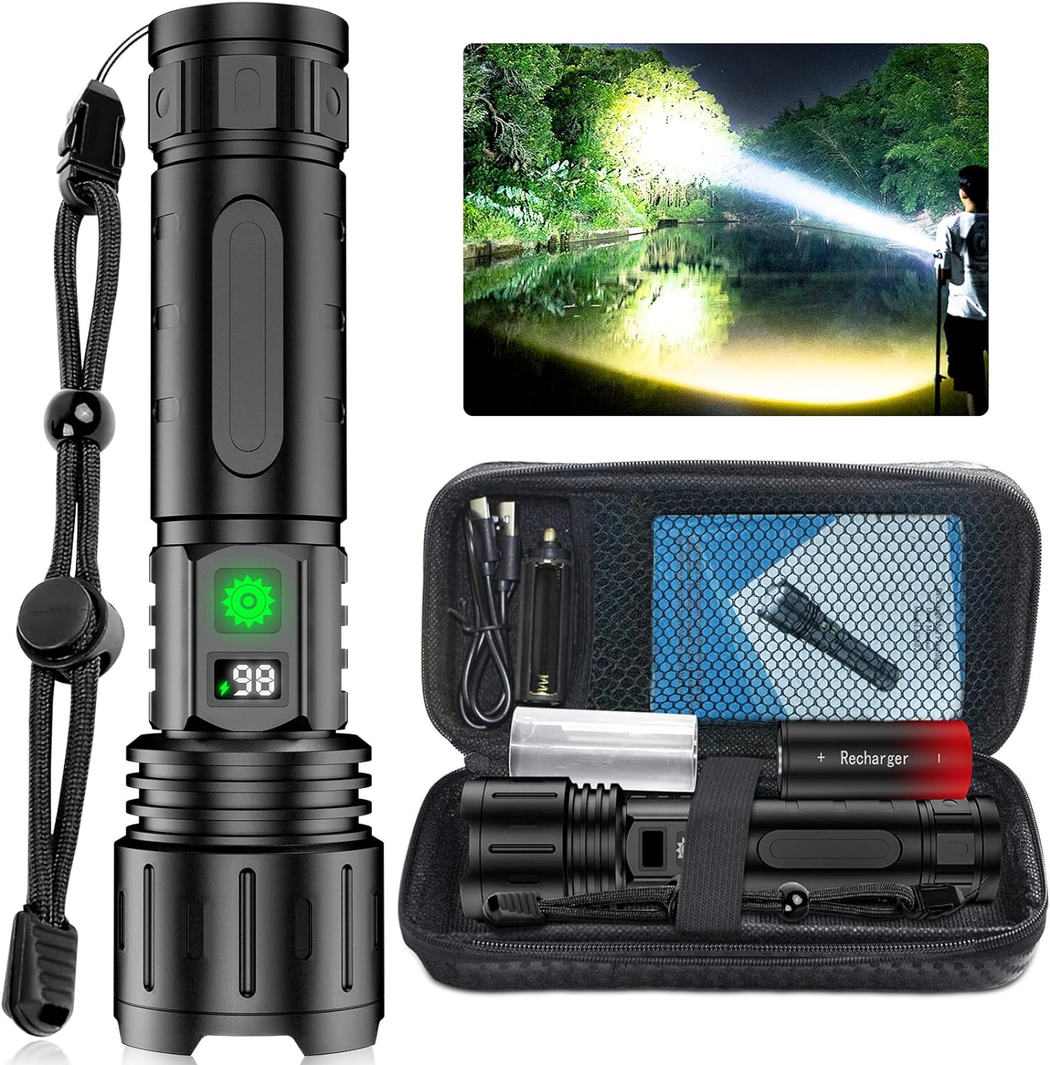 Tactical Flashlight with 100,000 Lumens, Rechargeable Battery, and Waterproof Design – 3280 Feet Range 0