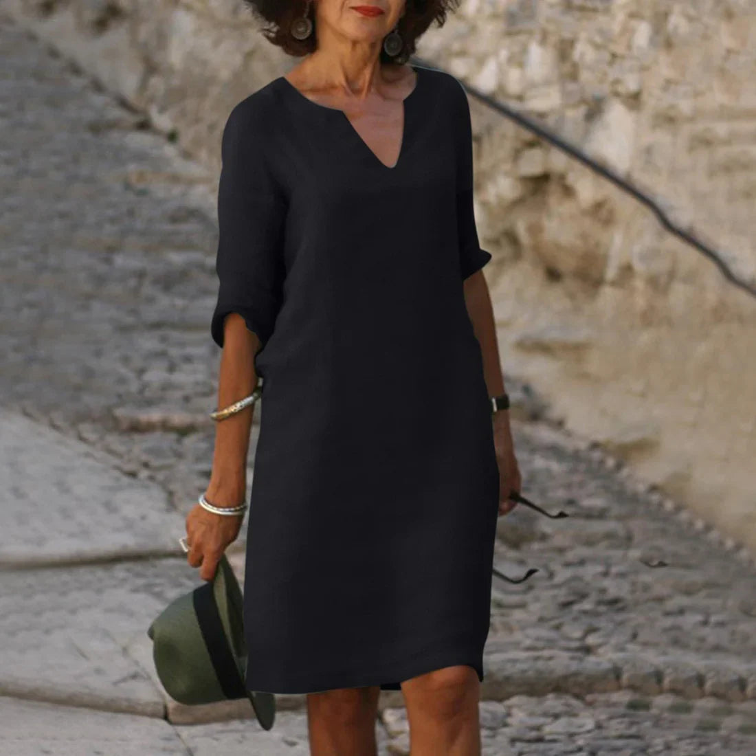 Women's Mini Dress V-Neck 3/4 Sleeve Black 1