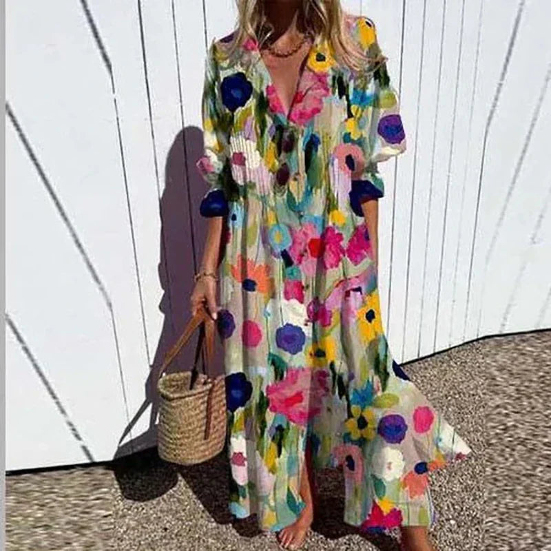 Womens Boho Maxi Dress with V-Neck for Summer Elegance 0
